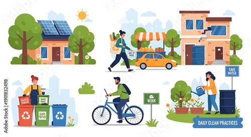 Eco friendly daily life scenes with people engaging in sustainable practices