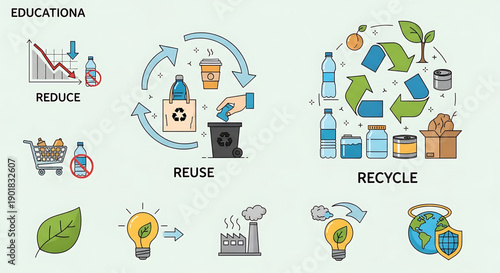 Environmental education concept with reduce reuse recycle icons and symbols on light green background