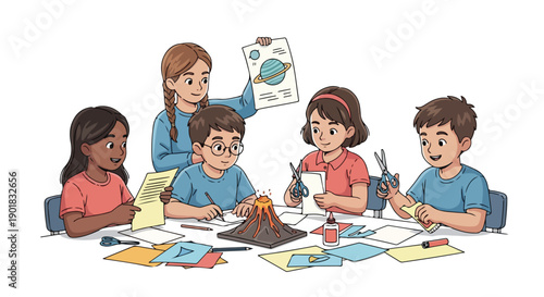 Vector illustration of a teacher guiding children studying and creating a volcano model with colorful art supplies on a table.
