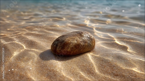 A single smooth stone rests on wet sand beneath clear d d sunlight filtering through shallow ocean water