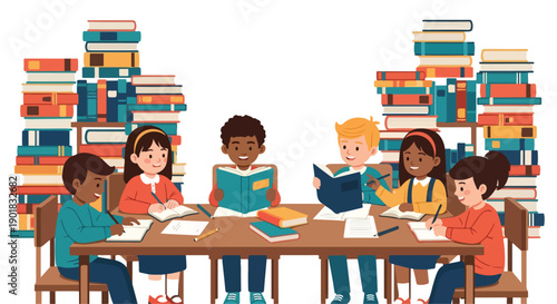 Vector illustration of children studying together at a table surrounded by stacks of books in a colorful and lively setting.