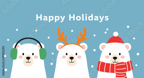 Three cute polar bears celebrating the holiday season with winter accessories and falling snowflakes.