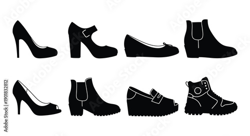 Black silhouette icons depicting various styles of women s footwear