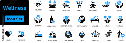 Wellness icon set contain wellness, well being, mental health, healthcare, cosmetics, spa, medical. Solid vector icon set. 