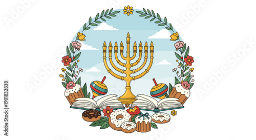 Happy Hanukkah celebration with menorah dreidels and sufganiyot.