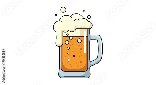 A frothy mug of amber ale filled with bubbly golden liquid and topped with a thick layer of foam.