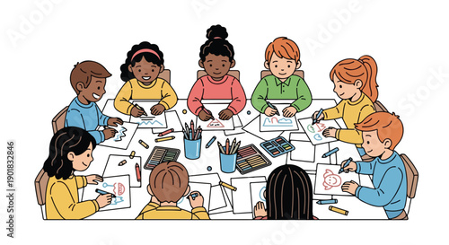 Vector illustration of children studying together in a classroom setting, sitting around a table with books and pencils, conveying a focused and educational atmosphere.