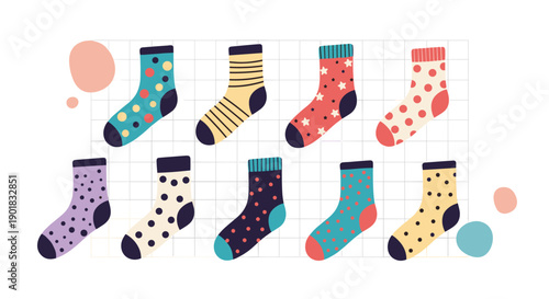 A collection of colorful and patterned socks arranged in a grid like fashion.