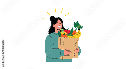 A woman happily holding a paper bag full of fresh fruits and vegetables. She is smiling and has a bright glow around her head.
