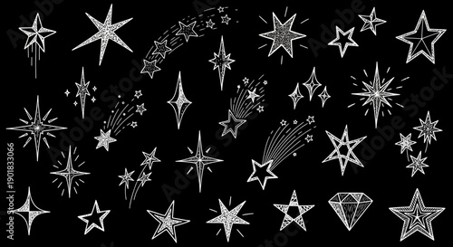 A collection of hand-drawn, stylized starbursts, shooting stars, and a diamond on a black background.