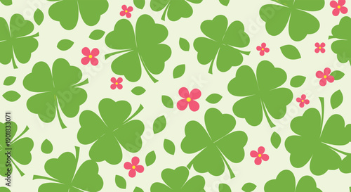 A cheerful pattern of green shamrocks and small pink flowers on a light green background.