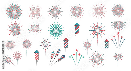 A collection of colorful fireworks and rockets, designed in a flat, vector art style, perfect for celebrations and festive occasions.