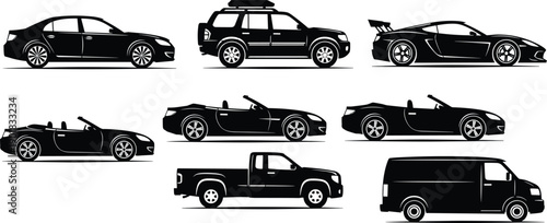 Large Black Vector Silhouette Collection of Various Vehicles Including Sedan, SUV, Sports Car, Convertible, Pickup Truck and Delivery Van Isolated on White Background