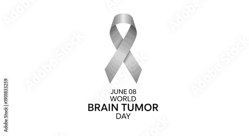 A grey awareness ribbon with text 'JUNE 08 WORLD BRAIN TUMOR DAY' on a white background, symbolizing support for brain tumor awareness.