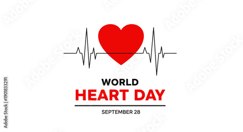 A graphic celebrating World Heart Day on September 28, featuring a red heart with an ECG line on a white background.