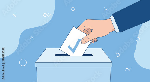 Illustration of a hand casting a vote into a ballot box during an election campaign.