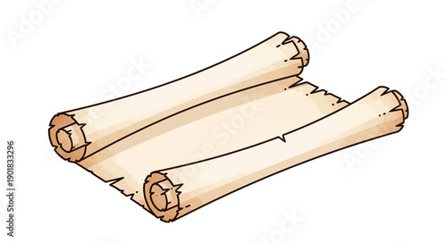 An old, blank parchment scroll, partially unrolled, with frayed edges and a vintage appearance, isolated on a white background.