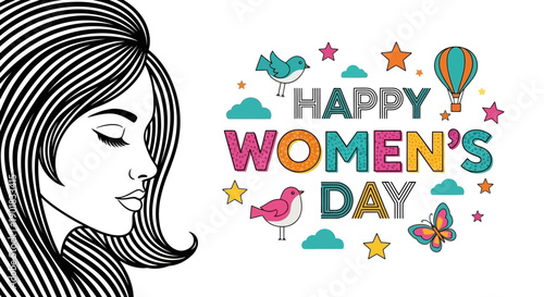 Stylized illustration of a woman's profile with closed eyes next to colorful 'Happy Women's Day' text and decorative elements.