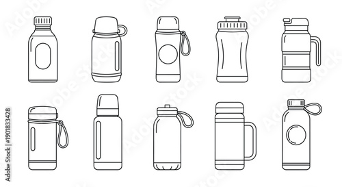 A collection of stylized line art illustrations depicting various water bottles and drink containers of different shapes and sizes.