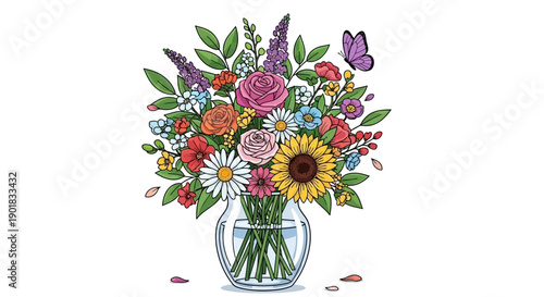 A vibrant, detailed illustration of a colorful mixed flower bouquet in a clear glass vase with a purple butterfly hovering above, set against a white background.