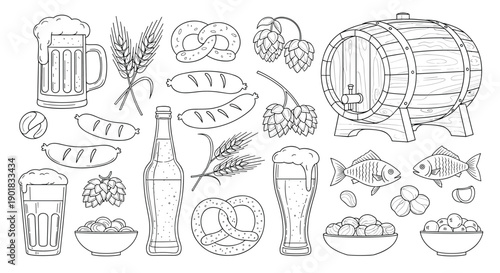 Collection of traditional German beer festival food and drink illustrations.