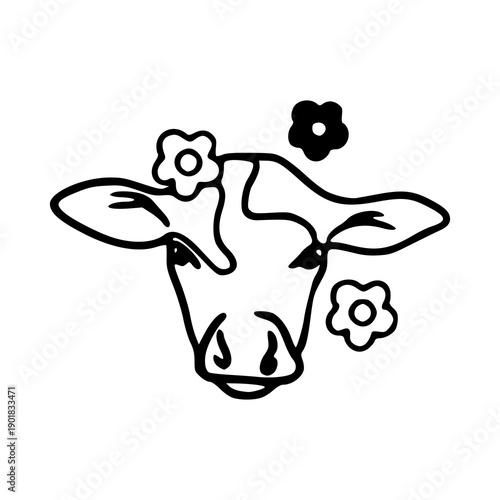 cute cow head illustration with flowers - hand drawn line art
