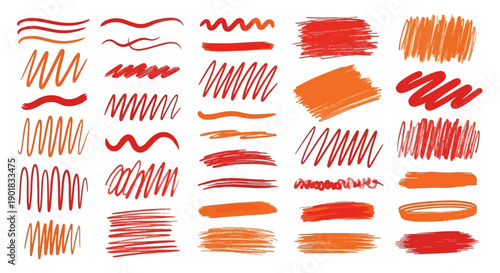 A collection of hand-drawn red and orange scribble lines, underlines, and brush strokes on a white background, perfect for design elements.