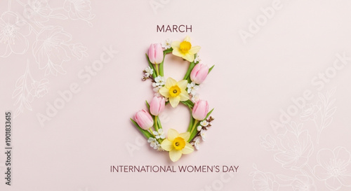 International women's day floral number eight symbol with pink tulips and yellow flowers on light background