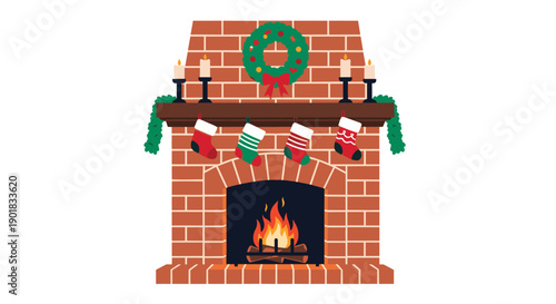 Cozy christmas fireplace with stockings and decorations all around.