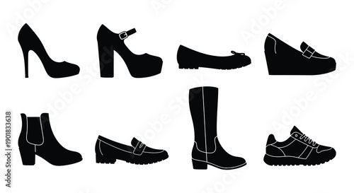 Black silhouette icons depicting various styles of women s footwear