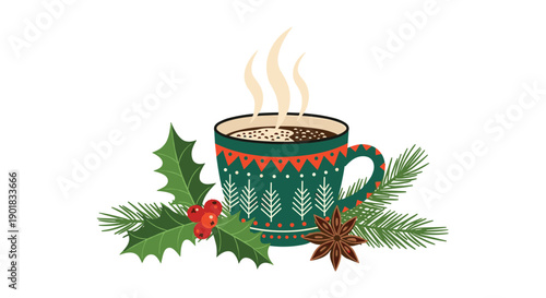 Festive green mug of steaming hot coffee or cocoa, decorated with holly berries, pine branches, and star anise for a cozy winter holiday feeling.