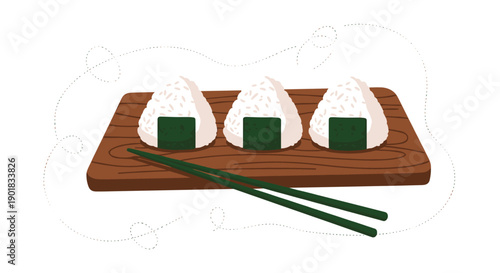 Three traditional Japanese onigiri rice balls wrapped in nori seaweed, neatly arranged on a wooden board with a pair of chopsticks.