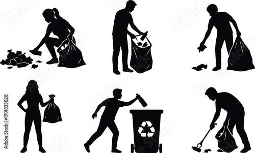 Silhouettes of people actively cleaning up litter and disposing of waste in trash bags and recycling bins
