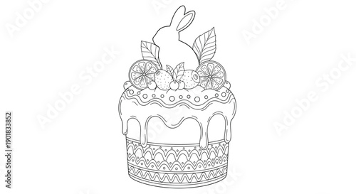Intricate Easter cake coloring page featuring a bunny silhouette, fruit slices, and berries, perfect for a relaxing holiday craft activity.