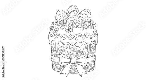 Beautifully detailed Easter cake coloring page adorned with decorated eggs, delicate flowers, and a large ribbon bow for holiday fun.