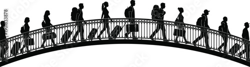Silhouetted individuals with various bags and backpacks crossing an ornate arched bridge, depicting travel and transit