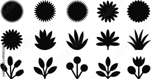 Silhouettes of various stylized floral and starburst shapes in black on a white background