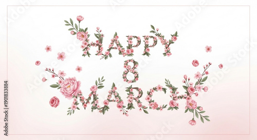 Happy 8th march floral greeting card with pink flowers on white background