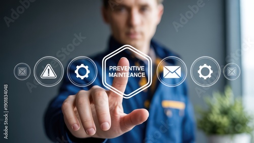 Young man pressing virtual preventive maintenance button on modern digital interface screen in industrial tech
