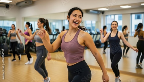 Zumba Fitness Joy: A group of women dance, their faces illuminated by smiles, their bodies moving in a synchronized, energetic Zumba fitness class within a well-lit gym. 