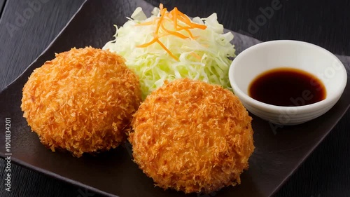 Wallpaper Mural Delicious Golden Crispy Japanese Korokke Served with Fresh Cabbage and Savory Dipping Sauce. Torontodigital.ca