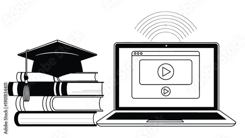 Professional e-learning and online education concept featuring books graduation cap and laptop for digital academic training and university