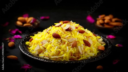 Wallpaper Mural Aromatic Golden Saffron Rice Dish Garnished with Toasted Almonds and Rose Petals on Dark Background. Torontodigital.ca