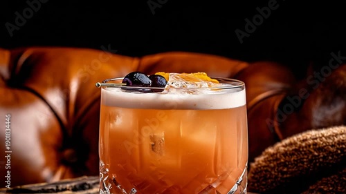 Wallpaper Mural Exquisite amber cocktail with frothy top, cherry, and orange garnish in a luxurious setting. Torontodigital.ca