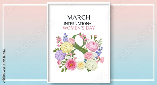International women's day poster with colorful floral design and equality symbol on pastel background