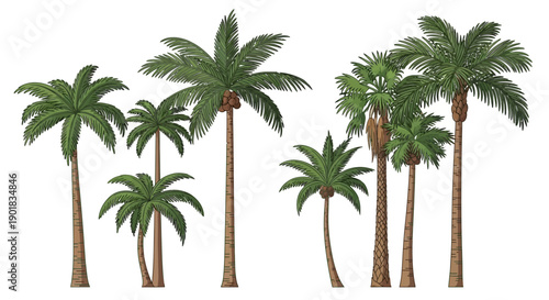 A collection of various palm trees with detailed fronds and trunks, rendered in a realistic illustration style.