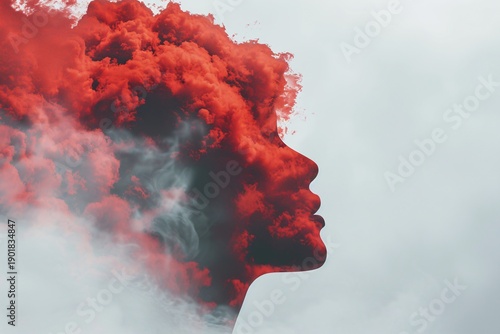 Human profile silhouette formed by red smoke cloud artistic abstract concept emotion imagination and creative expression