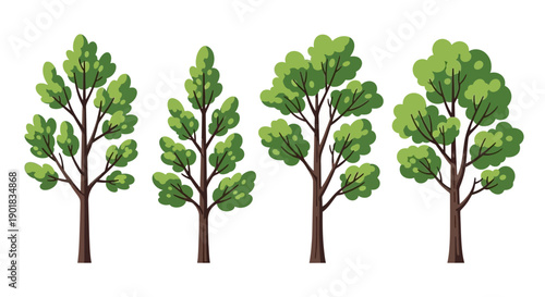 A collection of four stylized green trees with brown trunks and branches, presented against a white background.