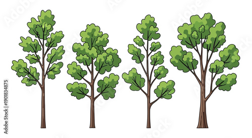 A collection of four stylized illustrations of deciduous trees with green foliage and brown trunks, set against a white background.