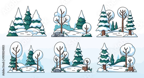 Collection of six charming winter forest scenes with snow-covered evergreen and deciduous trees, rocks, and stumps.